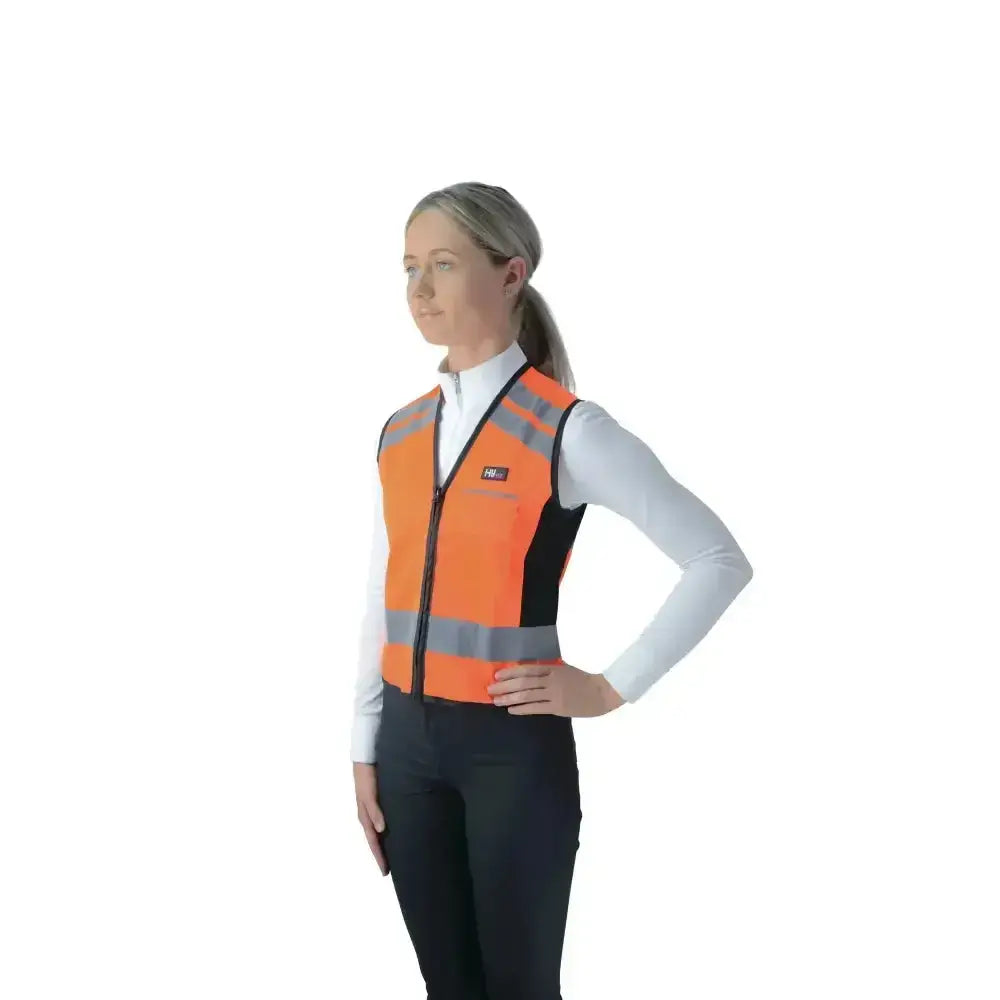 Orange hyviz equestrian waistcoat with reflective gray stripes black panels for pass wide and slow safety