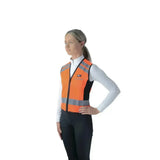 Orange hyviz equestrian waistcoat with reflective gray stripes black panels for pass wide and slow safety