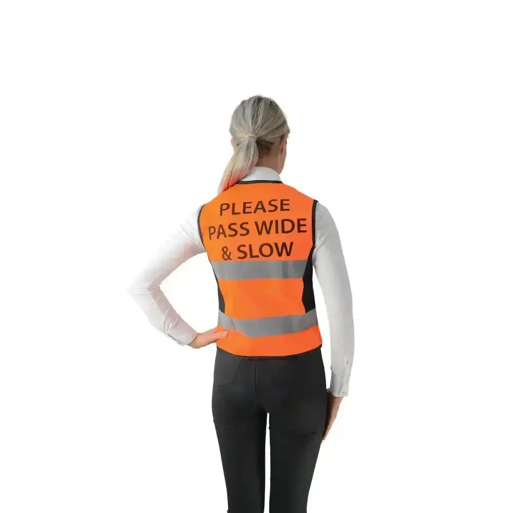 Bright orange hyviz equestrian waistcoat with reflective stripes and pass wide and slow text for safety use