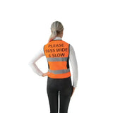 Bright orange hyviz equestrian waistcoat with reflective stripes and pass wide and slow text for safety use
