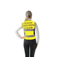 Back of bright yellow hyviz equestrian waistcoat with reflective stripes and pass wide and slow black text by hy equestrian