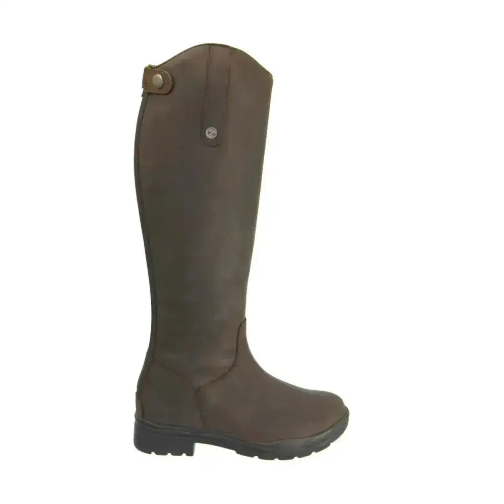 Dark olive green leather hy equestrian waterford country riding boots with sturdy rubber sole and brass metal accents