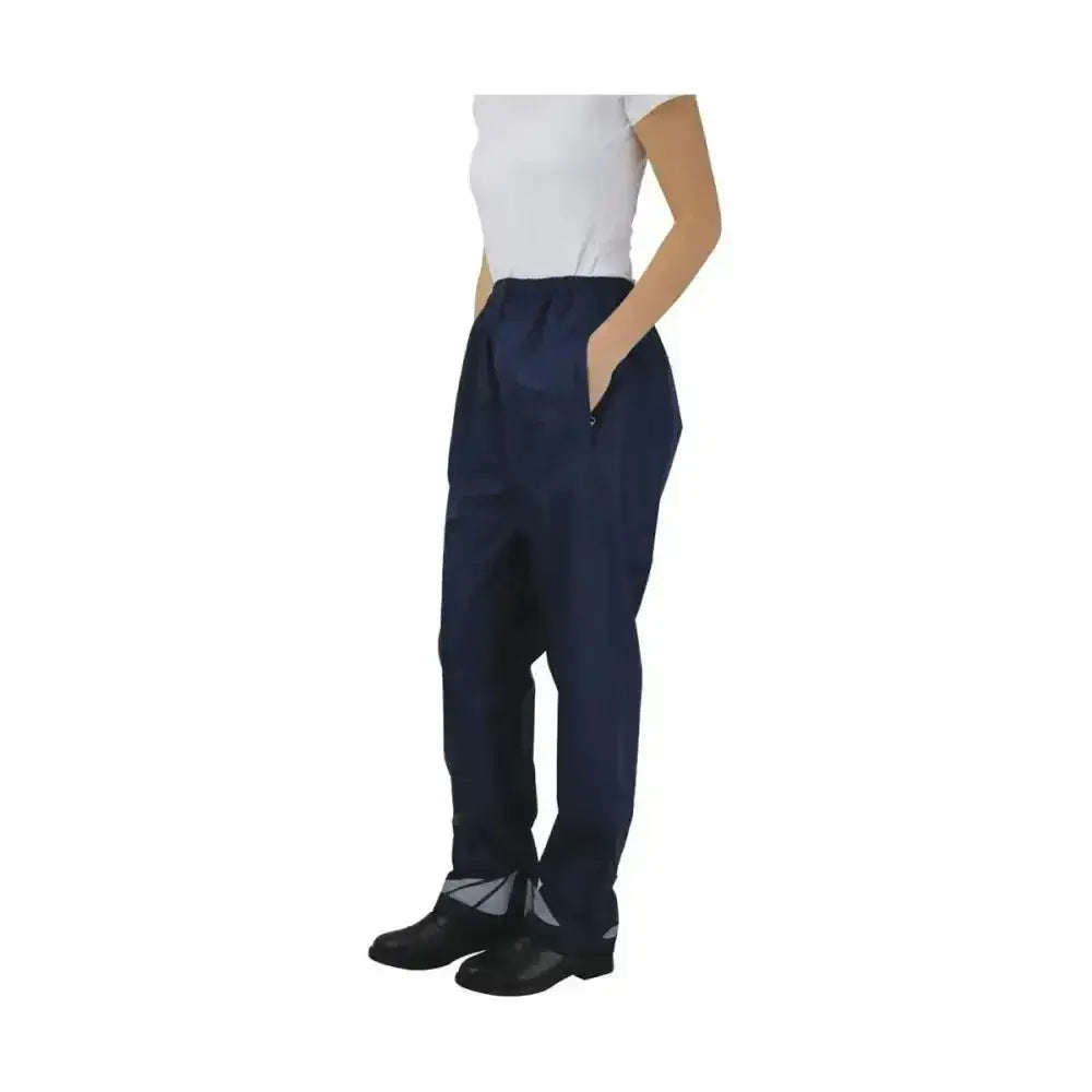 Navy blue hy equestrian waterproof pull-on trousers with elastic waistband and side pockets for unpredictable weather