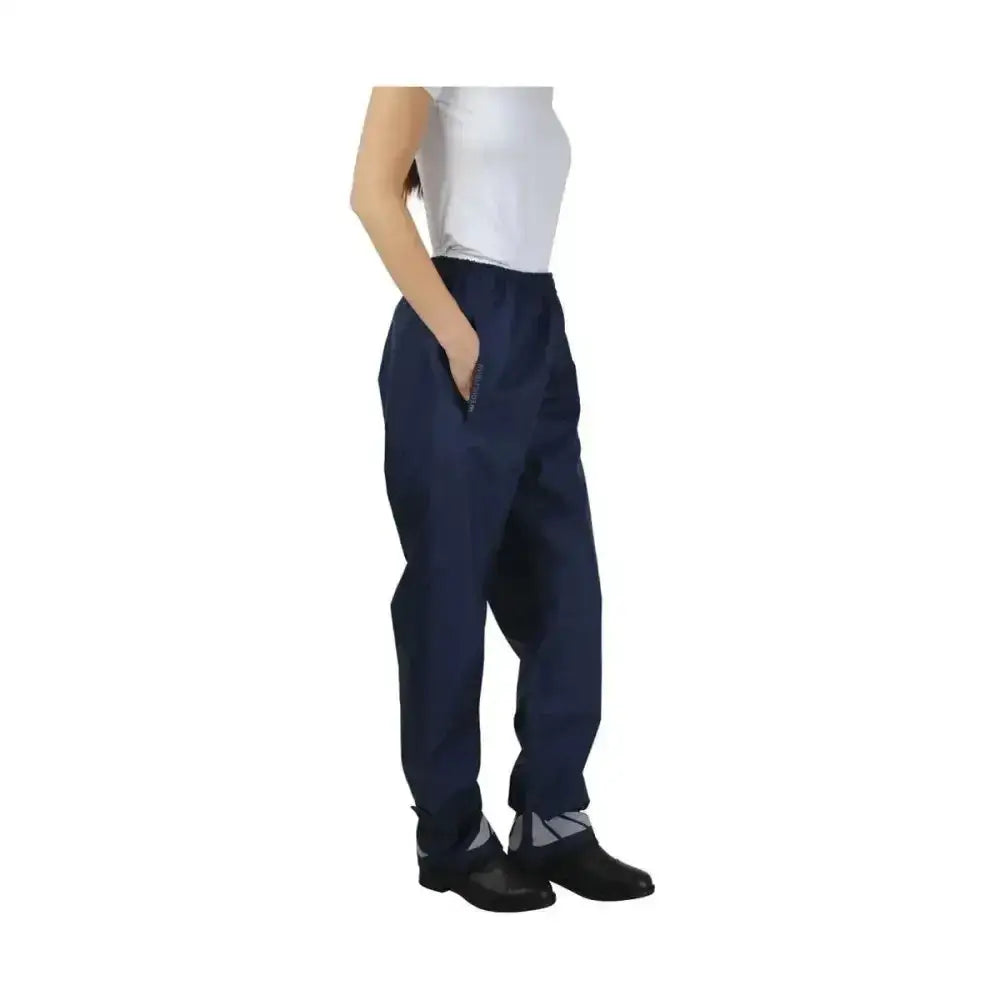 Navy blue hy equestrian waterproof pull-on trousers with relaxed fit and side pockets for unpredictable weather