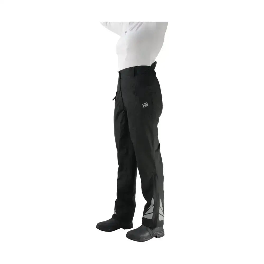 Black helly hansen hy equestrian waterproof reflective riding trousers fit neatly with gray reflective accents on lower legs