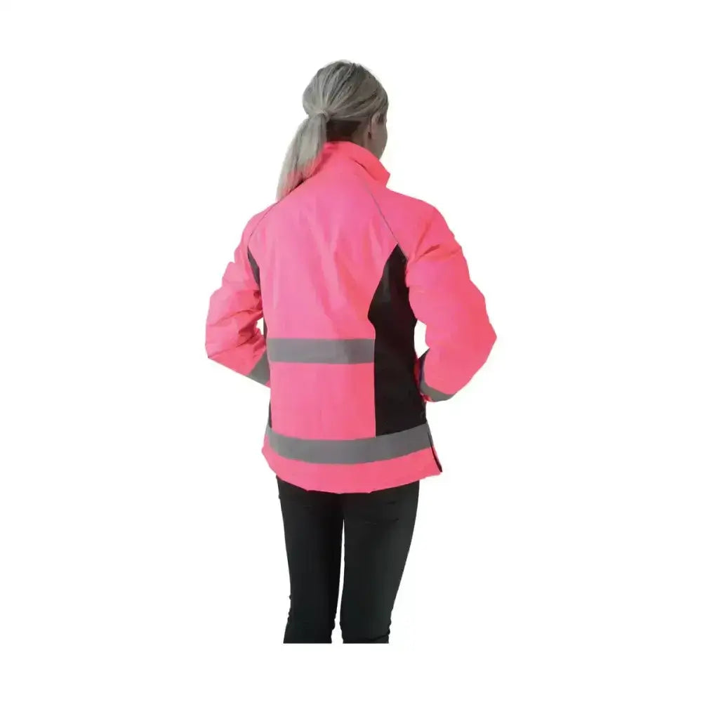 A vibrant pink and black equestrian waterproof riding jacket with reflective gray stripes by hy equestrian