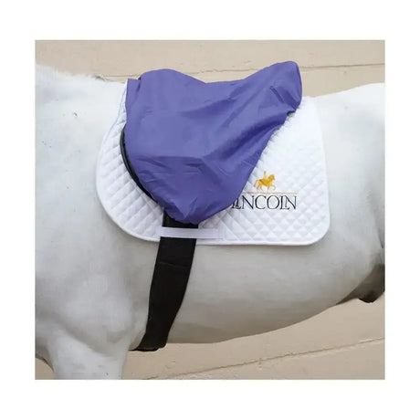 Purple hy equestrian waterproof saddle cover over white quilted pad with gold lincoln brand logo perfect waterproof saddle