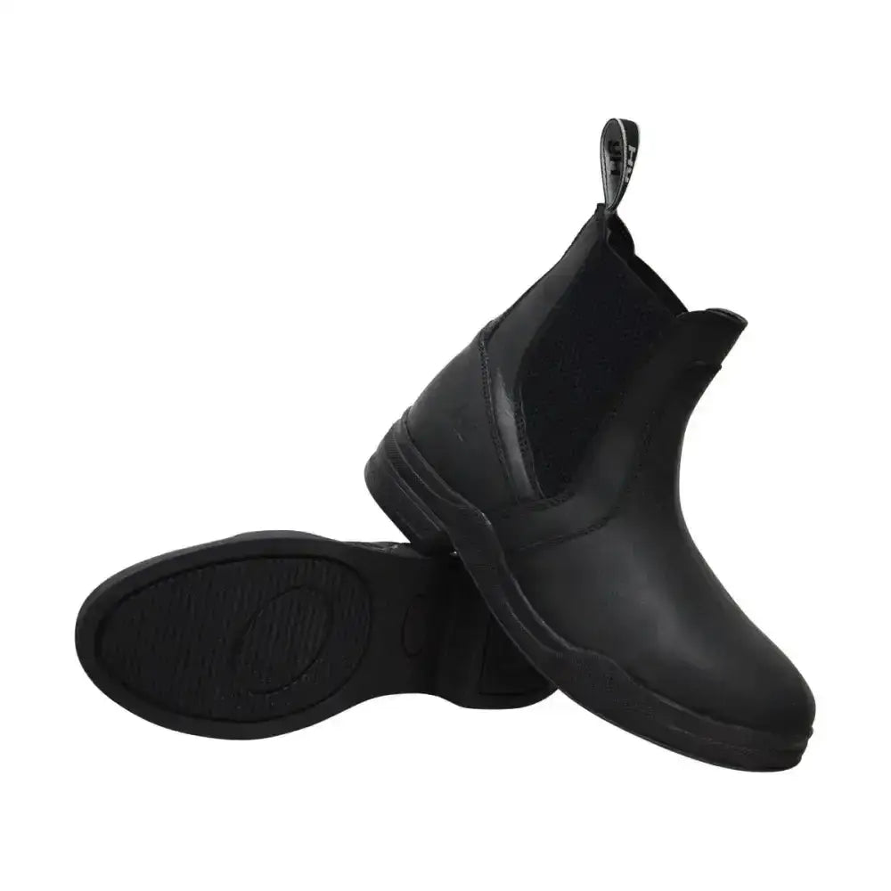 Black equestrian wax leather jodhpur boot with elastic side panels and pull tab at the back