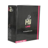 Black rectangular hy land box with pink stripes and white logo for equestrian wax leather zip fronted jodhpur boots