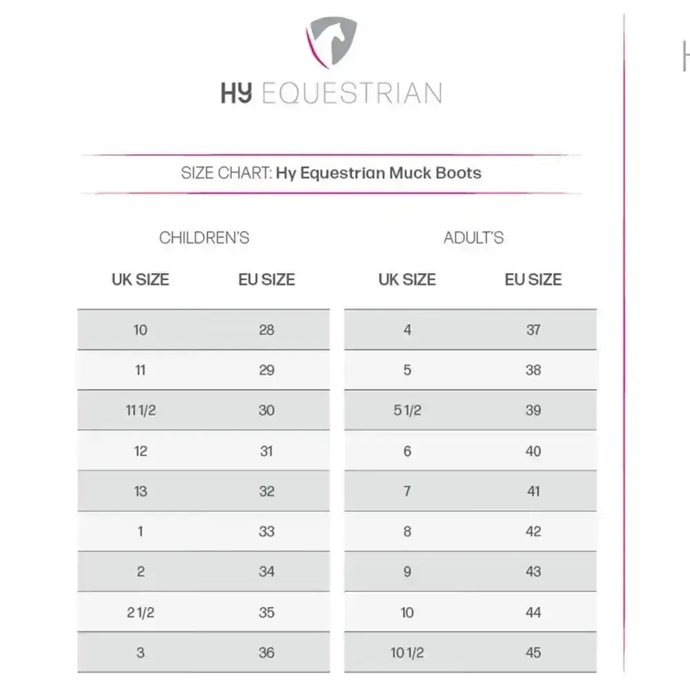 Hy equestrian winster short heavy duty high sided muck boots size chart showing uk and eu sizes for kids and adults
