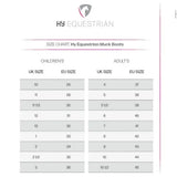 Hy equestrian winster short heavy duty high sided muck boots size chart showing uk and eu sizes for kids and adults