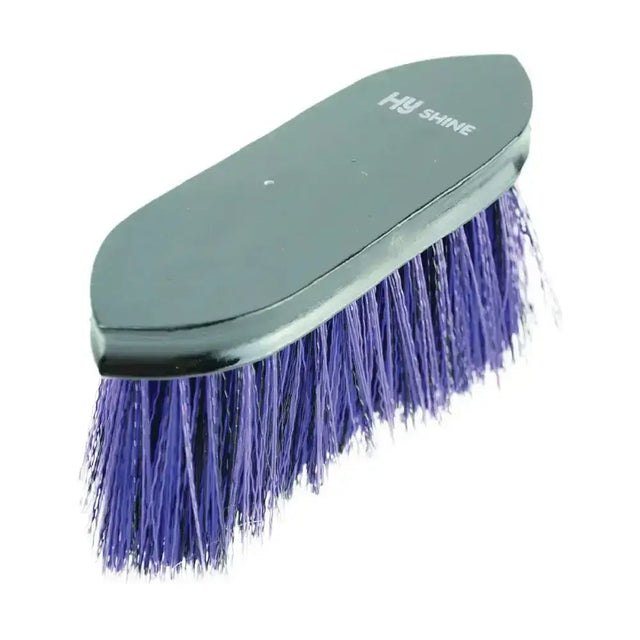 A sleek dark green plastic wooden flick dandy brush with purple bristles and hy shine brand for equestrian use