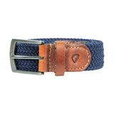 Navy blue equestrian woven elastic belt with silver buckle and tan leather accents by hy equestrian