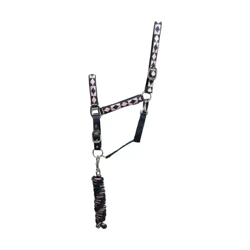 Hy Equestrian Woven Polo Head Collar and Lead Rope Navy/Rose Small Pony Headcollar Sets