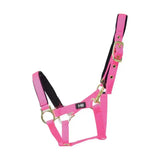 Bright pink fieldsafe headcollar with black lining and gold hardware made from well-designed nylon web for small pony and foal