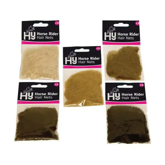Five hy hair nets in heavy weight fabric in beige tan and dark brown perfect for riders wardrobe use