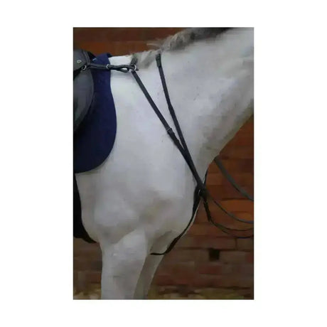 Black leather hy hunting breastplate with metal buckles on white horse featuring fully adjustable neck and removable martingale attachment