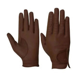 Brown leather childs riding gloves with perforated fingertips and wrist strap ideal for riding use
