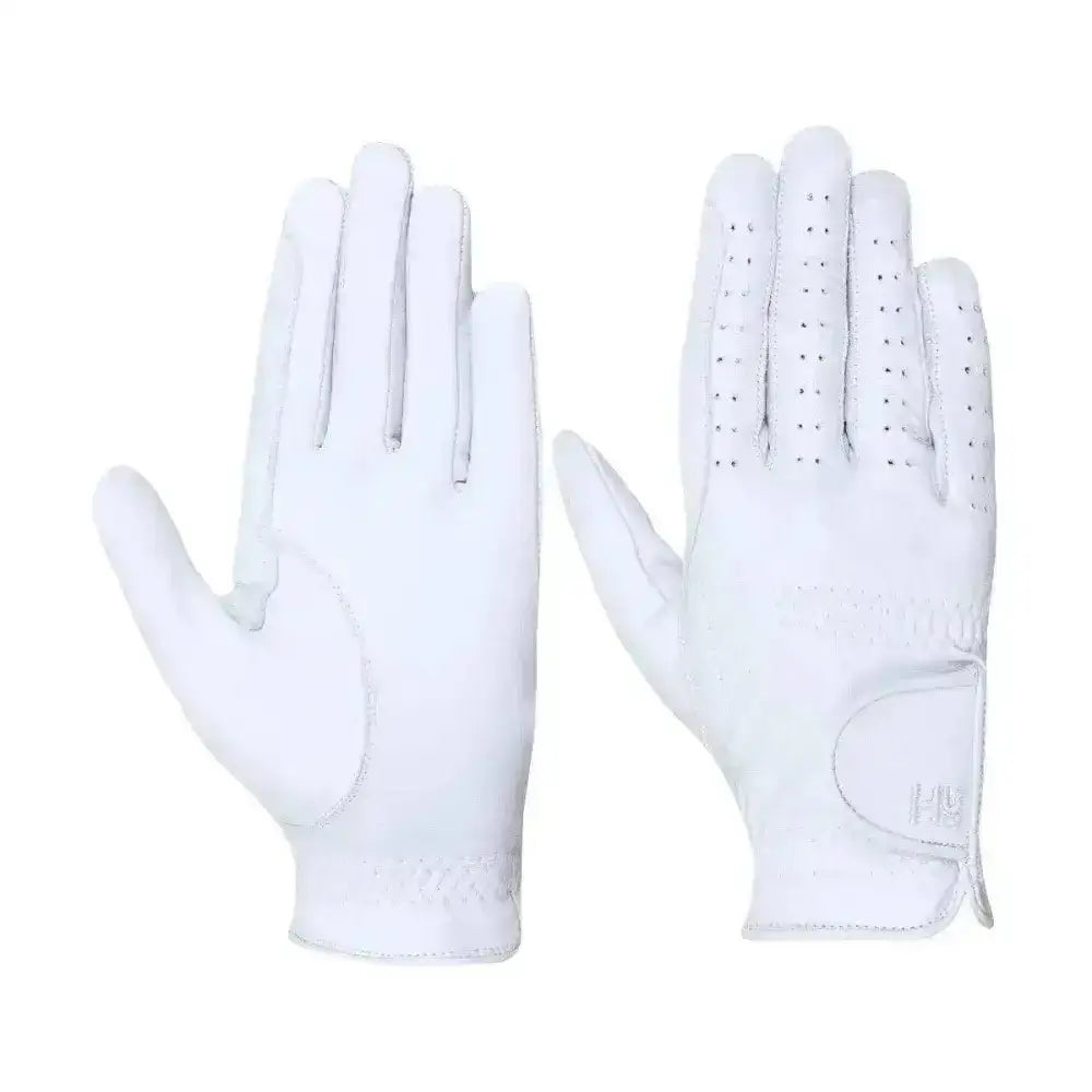 White leather childs riding gloves with perforated fingers and velcro wrist strap ideal for riding use