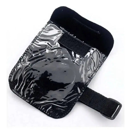 Black glossy vinyl hy medical arm bands card holder with black fabric strap and velcro for standard medical card use