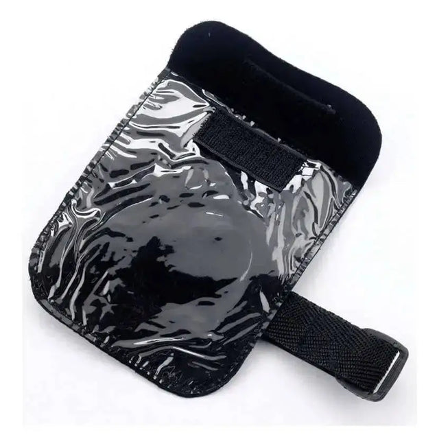 Black glossy vinyl hy medical arm bands card holder with black fabric strap and velcro for standard medical card use