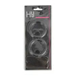 Black plastic packaging with hy labeled clear peacock rubber rings and leather straps for replacement rubber bands in stirrups