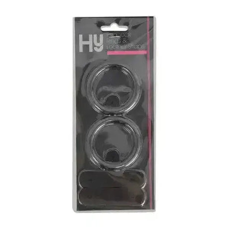 Black plastic packaging with hy labeled clear peacock rubber rings and leather straps for replacement rubber bands in stirrups