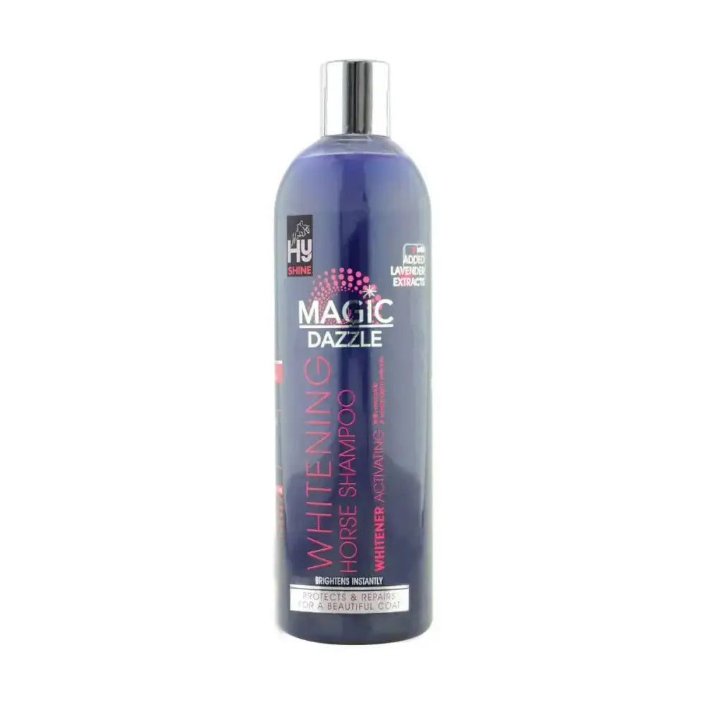 A sleek dark purple bottle of hy shine magic dazzle whitening shampoo with silver cap and lavender extract formula