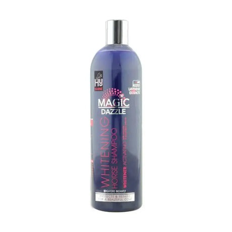 A sleek dark purple bottle of hy shine magic dazzle whitening shampoo with silver cap and lavender extract formula