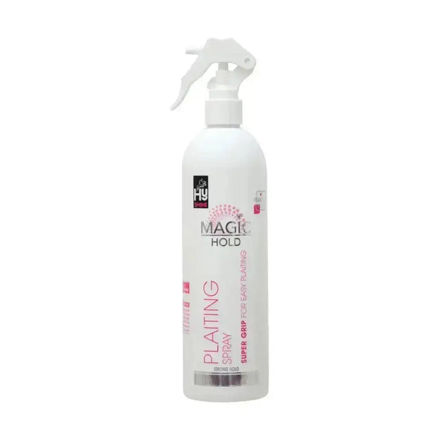 White plastic bottle of hy shine magic hold plaiting spray with pink and silver labeling for hold plaiting spray use