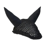 Black mesh showjump fly veils with soft pointed ear covers, crocheted fly veil style for horses as ear bonnets