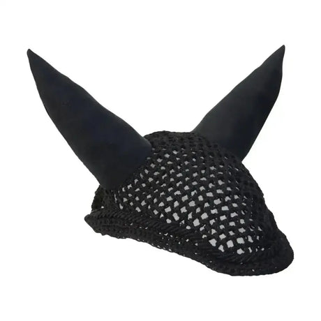 Black mesh showjump fly veils with soft pointed ear covers, crocheted fly veil style for horses as ear bonnets
