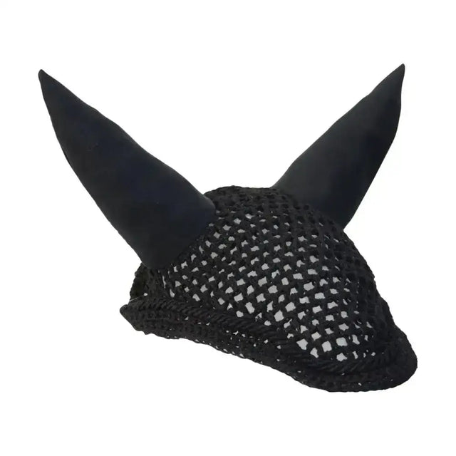 Black mesh showjump fly veils with soft pointed ear covers, crocheted fly veil style for horses as ear bonnets