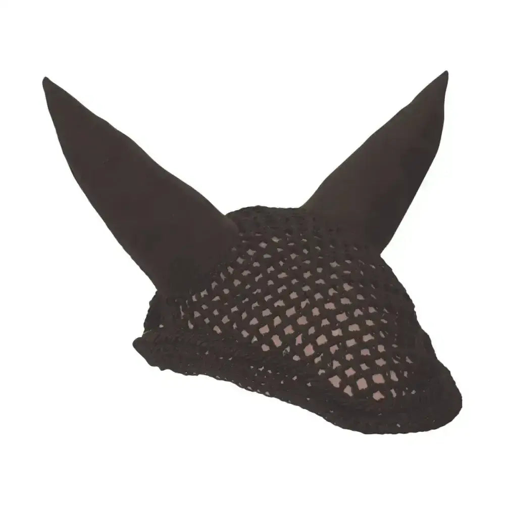 Black mesh showjump fly veil with soft pointed ear flaps, perfect horse ear bonnets for riding comfort