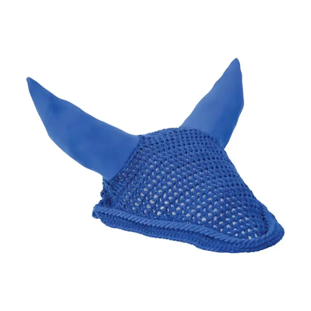 Blue crocheted showjump fly veil with padded ears designed as a horse ear bonnet for Hy Showjump fly veils