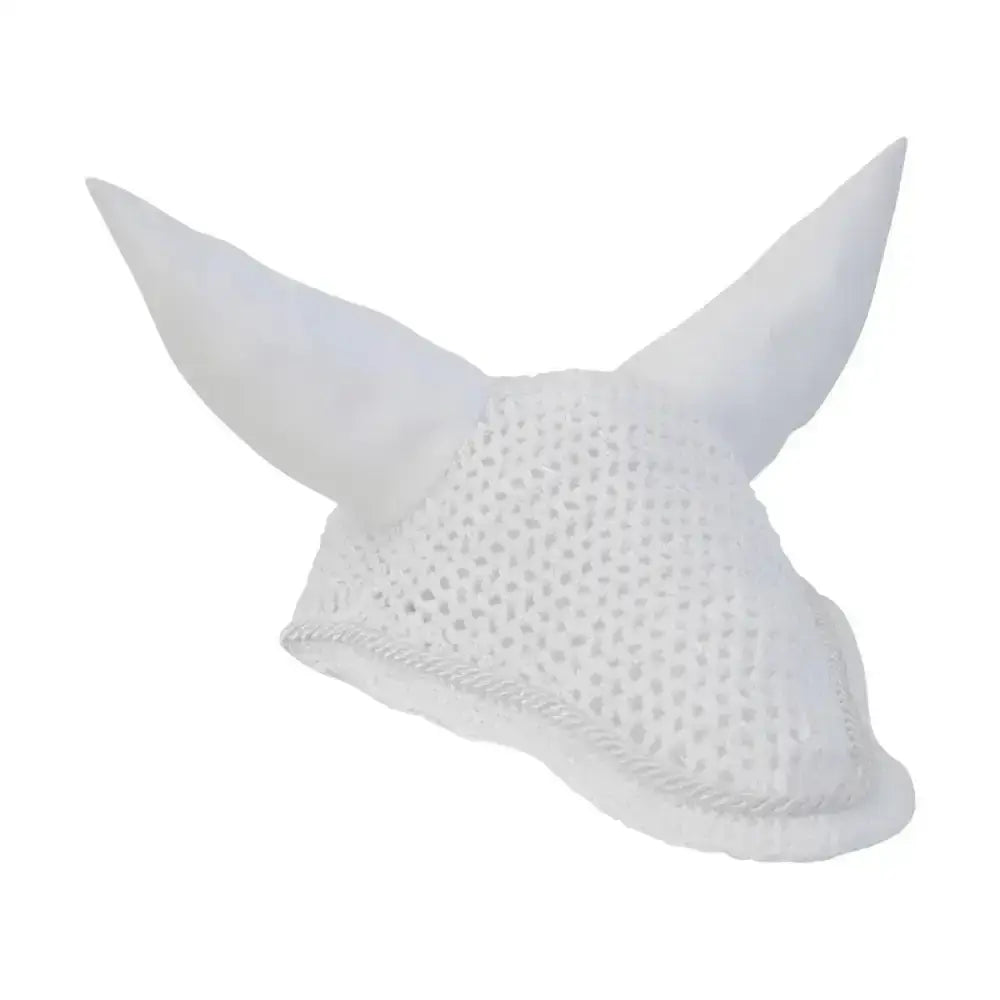 White mesh showjump fly veil horse ear bonnet with soft pointed ear flaps and stitched edge by Hy Showjump