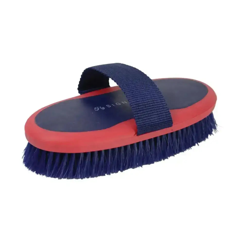 Blue and red hy signature body brush with navy fabric strap soft touch brush for horse grooming