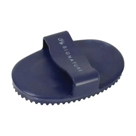 Navy blue rubber curry comb with textured ridged edge and handle for grooming in the hy signature curry comb