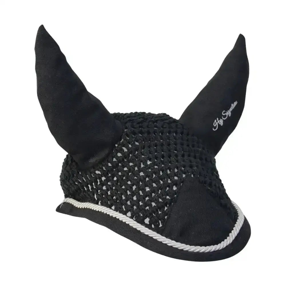 Black hy signature fly veil horse ear bonnet with soft fabric ears and white rope trim crochet fly veil design