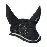 Black hy signature fly veil horse ear bonnet with soft fabric ears and white rope trim crochet fly veil design