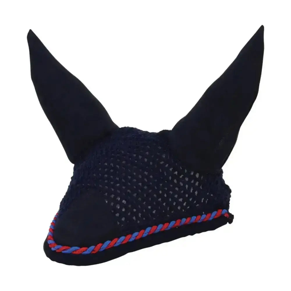 Black Hy Signature Fly Veil horse ear bonnet with mesh front and red blue braided trim crocheted fly veil style