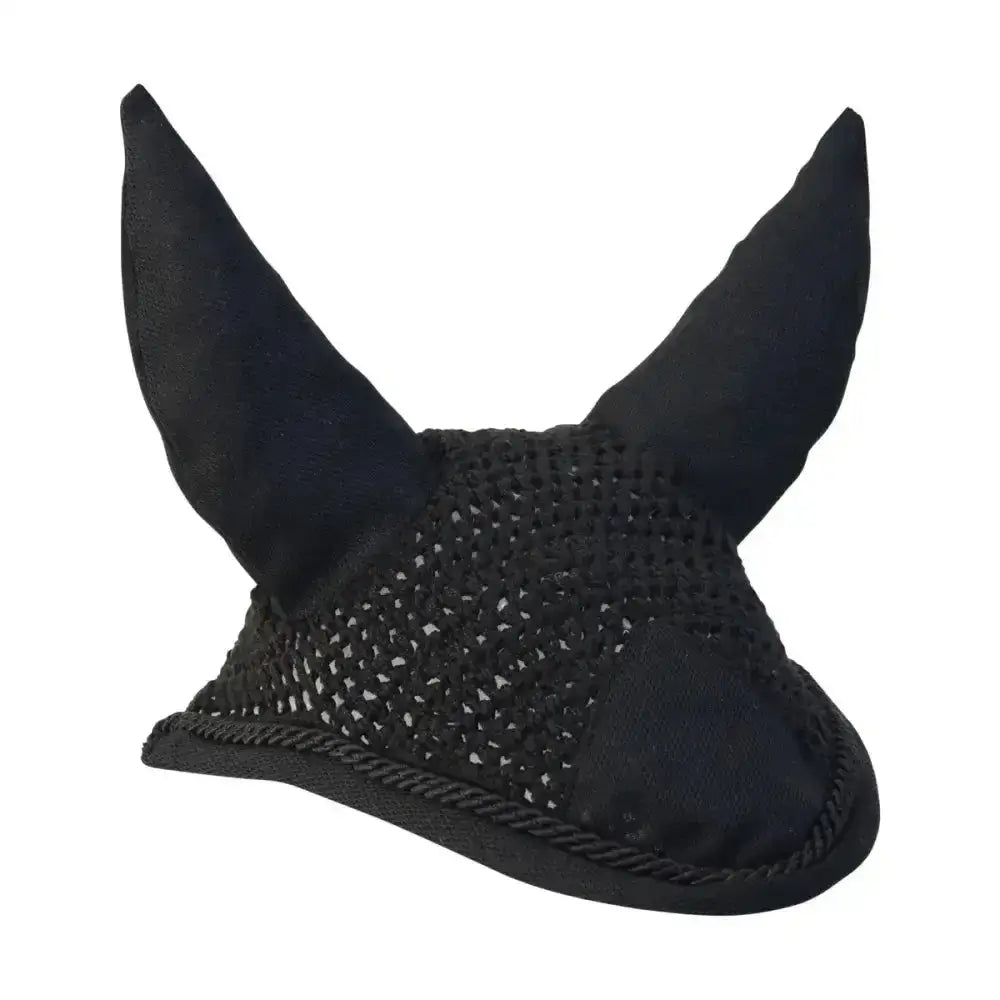 Black suede-lined hy signature fly veil horse ear bonnet with crocheted mesh netting and rope trim