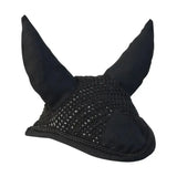 Black suede-lined hy signature fly veil horse ear bonnet with crocheted mesh netting and rope trim