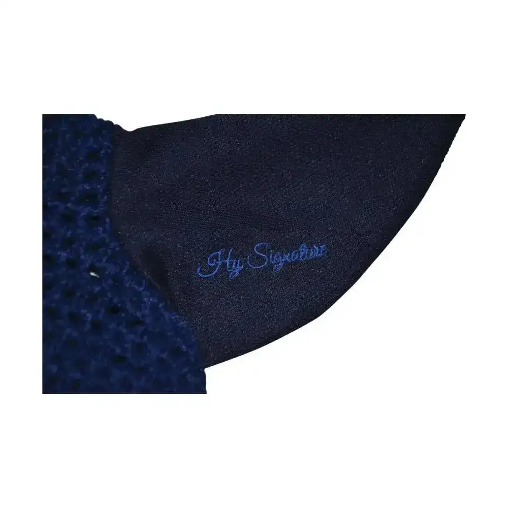 Dark blue knitted signature fly veil with subtle light blue embroidered my signature detail for horse ear bonnets