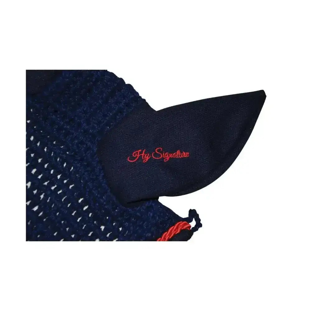Dark blue knitted horse ear bonnet with red embroidered fly signature logo in hy signature fly veil design
