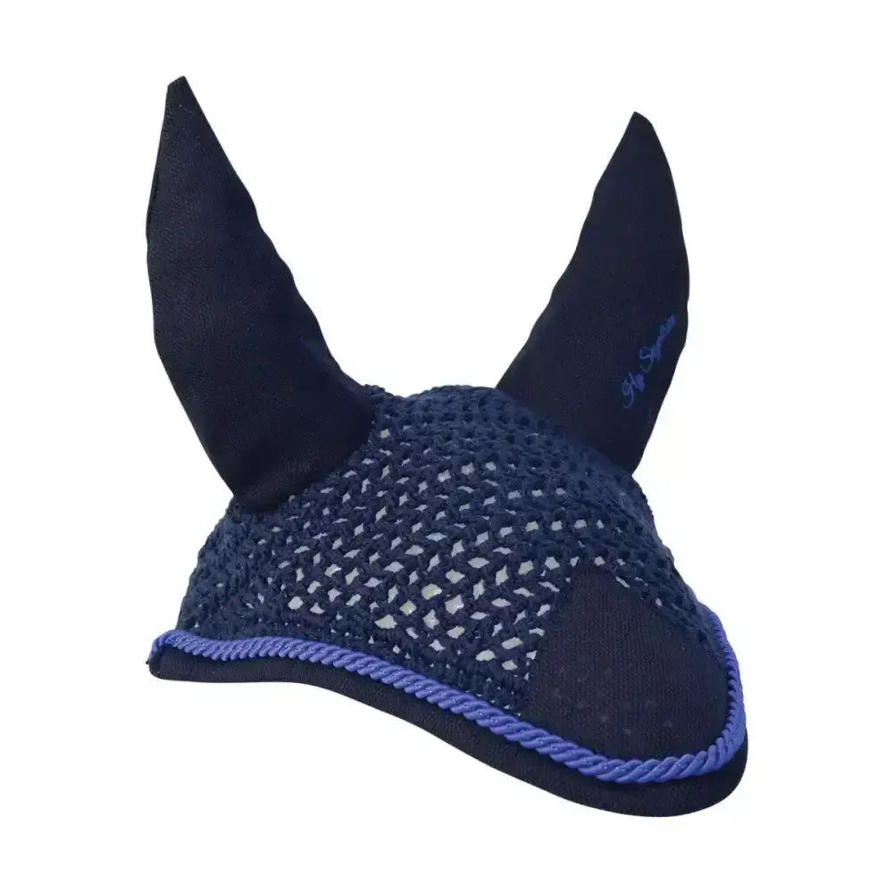 Navy blue crocheted signature fly veil horse ear bonnet with purple rope trim and soft fabric ears by hy signature