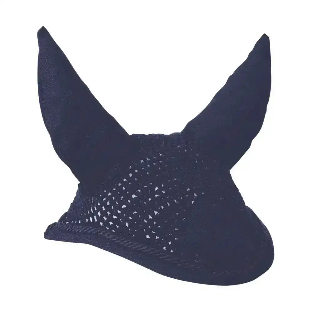 Navy blue crocheted fly veil with pointed ear flaps in hy signature fly veil horse ear bonnets design