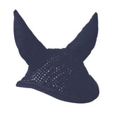 Navy blue crocheted fly veil with pointed ear flaps in hy signature fly veil horse ear bonnets design