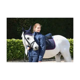 Navy blue quilted horse saddle pad with purple trim paired with hy signature fly veil crocheted fly veil for horses