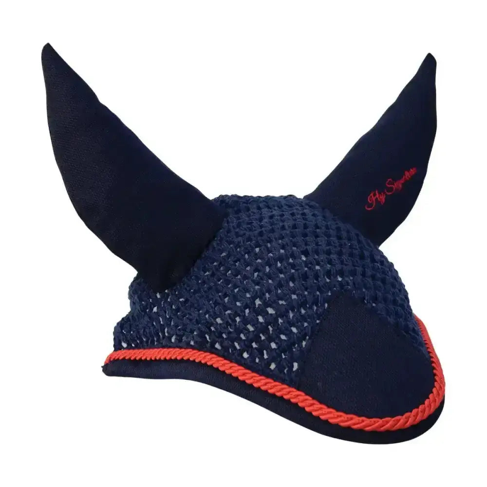 Navy blue crocheted fly veil with plush black ears and orange rope trim hy signature fly veil horse ear bonnets